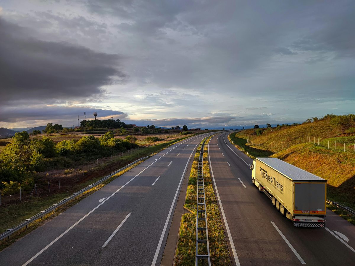 A moving truck at sunset